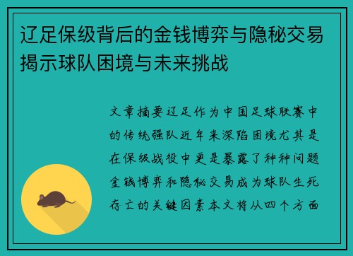 辽足保级背后的金钱博弈与隐秘交易揭示球队困境与未来挑战