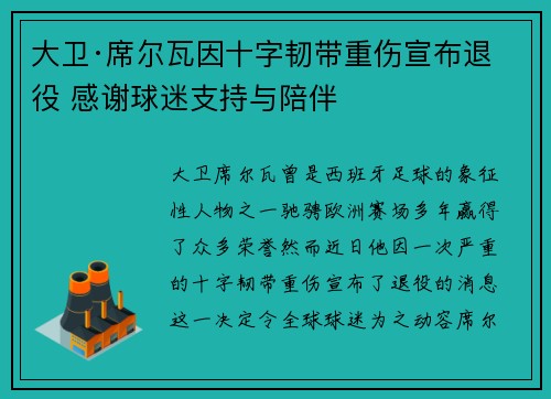 大卫·席尔瓦因十字韧带重伤宣布退役 感谢球迷支持与陪伴