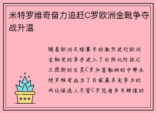 米特罗维奇奋力追赶C罗欧洲金靴争夺战升温