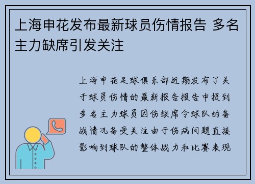 上海申花发布最新球员伤情报告 多名主力缺席引发关注